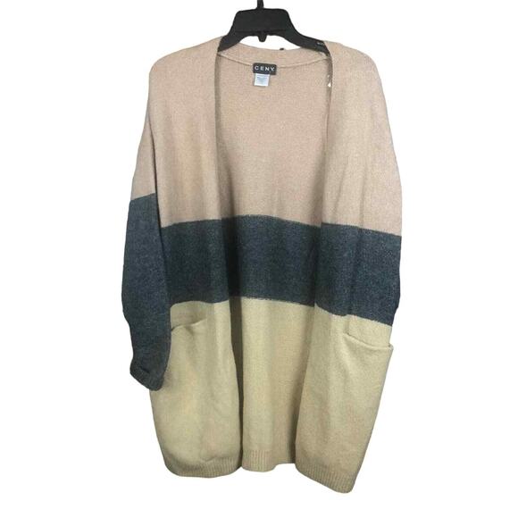 CENY Women’s Cardigan M Tan Gray Colorblock Open Front Pockets NWOT - Picture 6 of 16